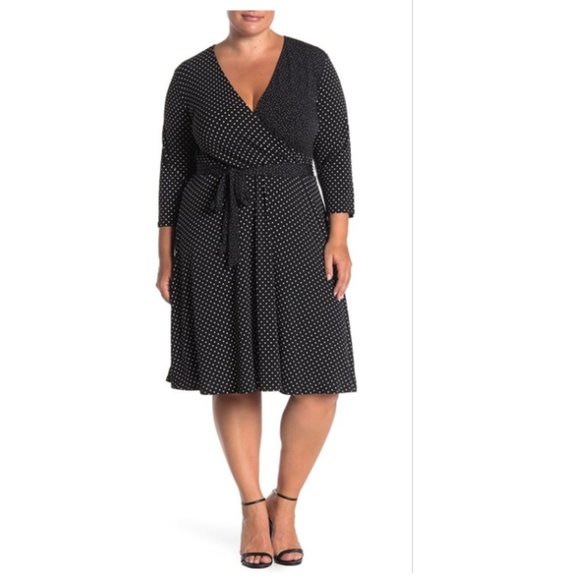 Leota Polka Dot Belted Faux Wrap Long Sleeve Dress - Picture 1 of 15